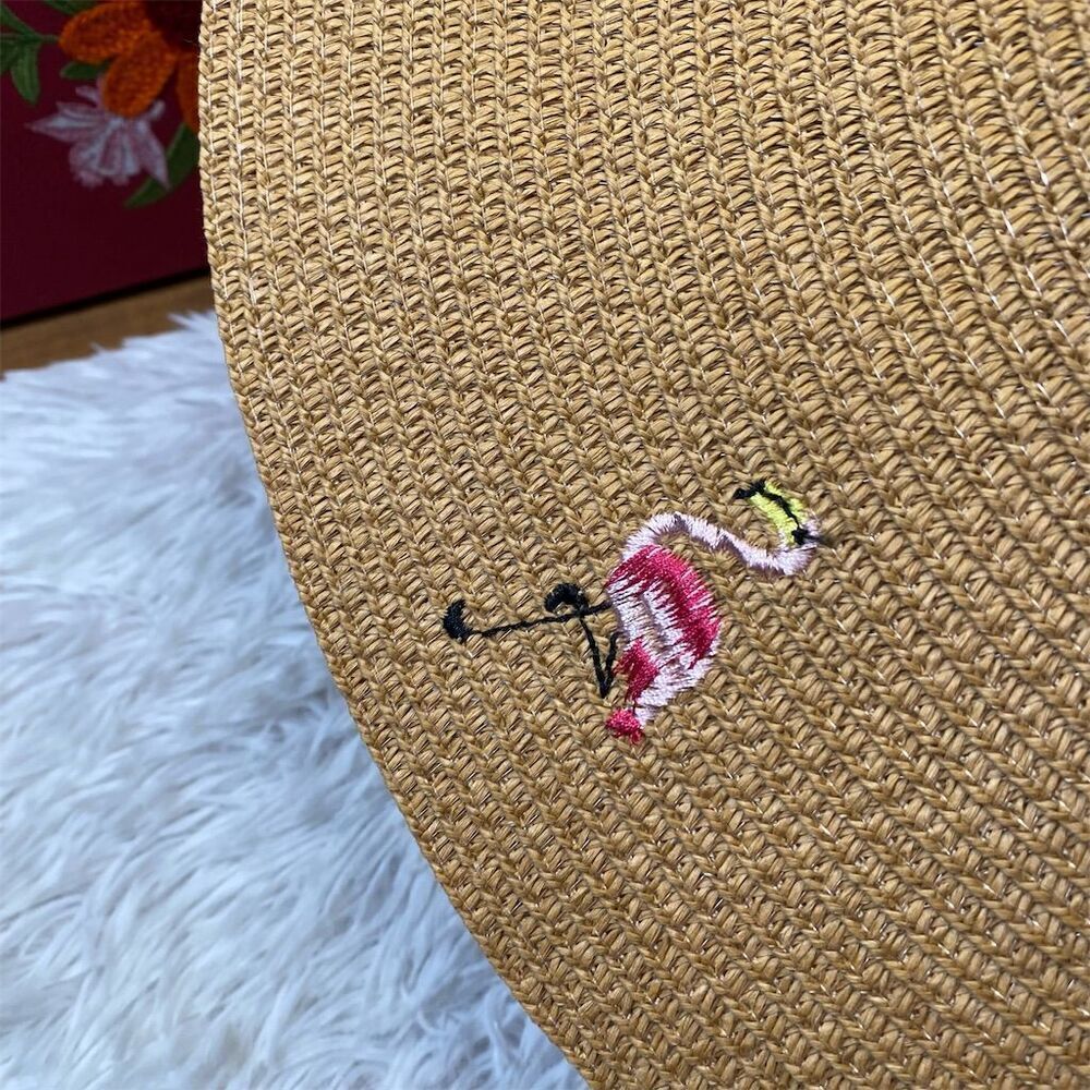 Women's Beige Palm Tree Embroidered Straw Sun Hat Wide Brim Summer Casual - Picture 5 of 8